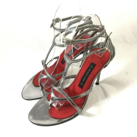 Plein Sud Strappy Sandal Silver Metallic Leather Thong Toe Slim Heel - Picture 4 of 8